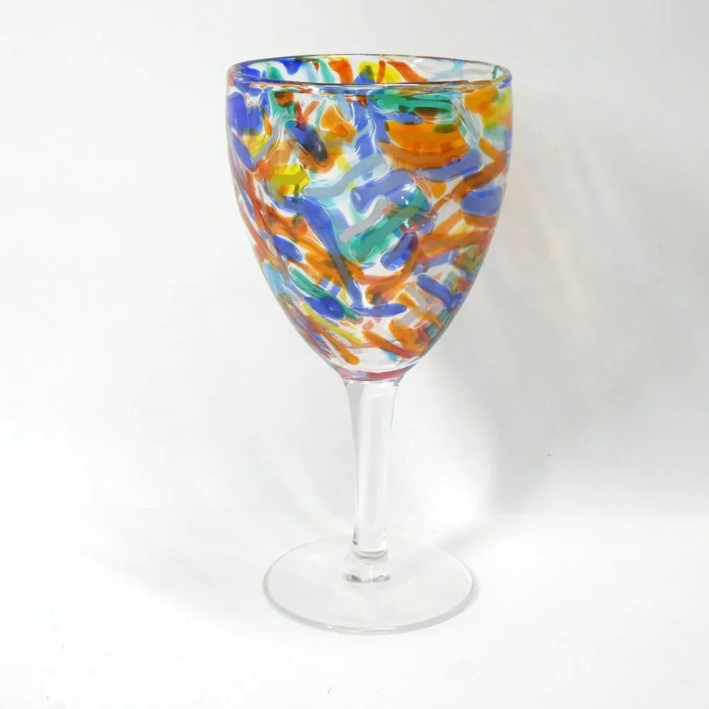 Pier 1 Imports Confetti Goblet Wine Water Glass Vintage Colorful Art Large 8